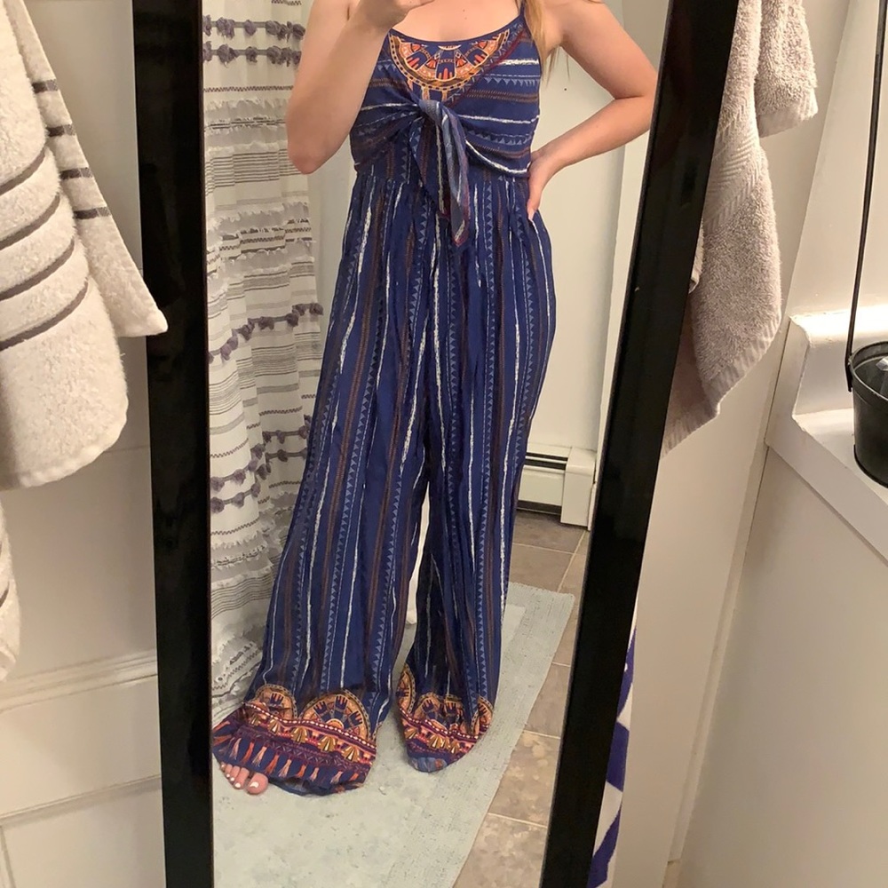 Blue tribal print jumpsuit with open back